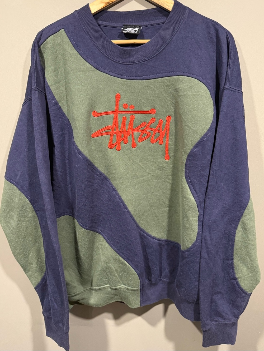 Stussy inspired navy & green rework Crewneck sweater with Red Logo